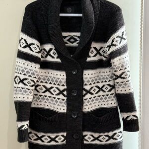 Black and White Nordic Pattern Cardigan Sweater